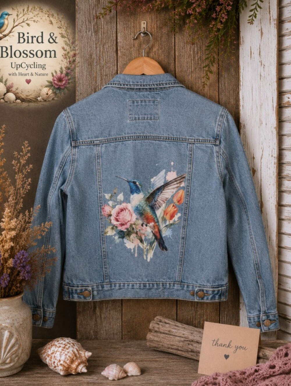 UpCycled Forever 21 | Medium Jean Jacket | Floral Hummingbird